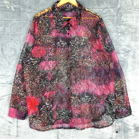Womens Top 3X Cheetah Lace Whimsygoth Sheer Fairy Grunge Patchwork Button‎ Down - Picture 1 of 8